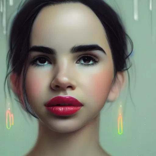 Image similar to cinematic portrait of sofia carson, perfect face, neon rain, delicate, elegant, by alyssa monks, highly detailed, symmetrical face, fine details, masterpiece, trending on artstation