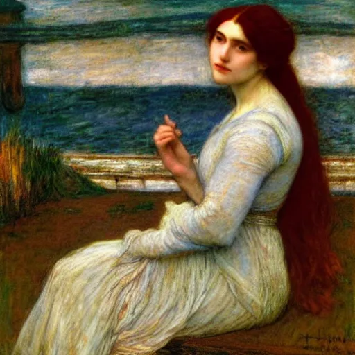 Image similar to lady of shallot by john william waterhouse, rosetti, monet, william holman hunt, 8 k