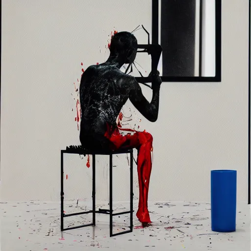 Image similar to portrait of a morphed gamer sitting on a stool looking into a mirror doing makeup by james jean and luc tuymans and beeple and hernan bas and pat steir and hilma af klint, psychological, 3 d, dripping paint, monochrome, high quality render, masterpiece