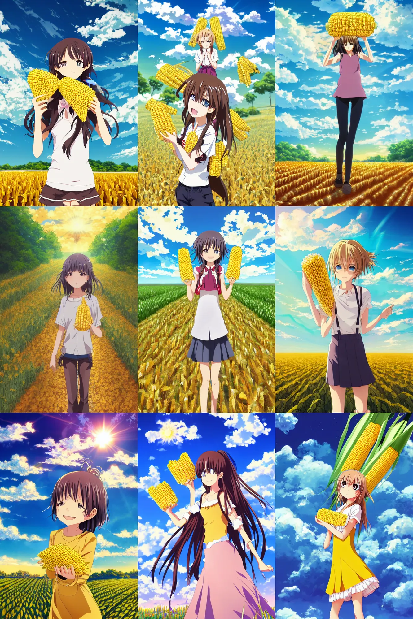 Prompt: anime key visual featuring a joyful girl holding two corn cobs. she's standing in a huge cornfield. beautiful fluffy tall clouds are in the sky, golden hour, god rays. anime style, digital art