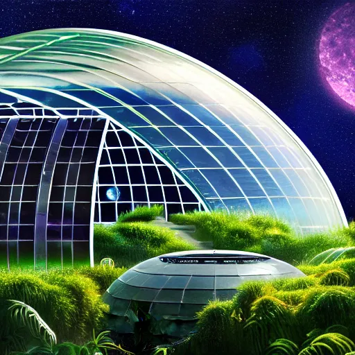 Image similar to a cinematic view of a deepspace solar powered space habitat colony, large domed greenhouses with exotic plants, retrofuturism, scifi art, oil on canvas, biodome, stars in the sky above, details, hyper - detailed, hd, hdr, 4 k, 8 k