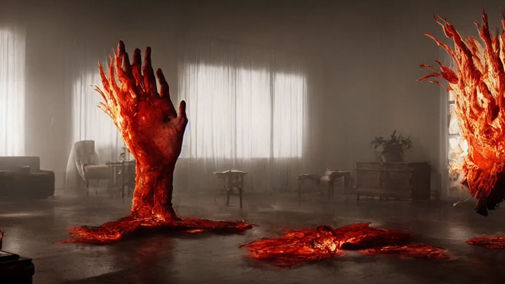 Image similar to a giant hand made of blood and fire floats through the living room, film still from the movie directed by Denis Villeneuve with art direction by Salvador Dalí, wide lens