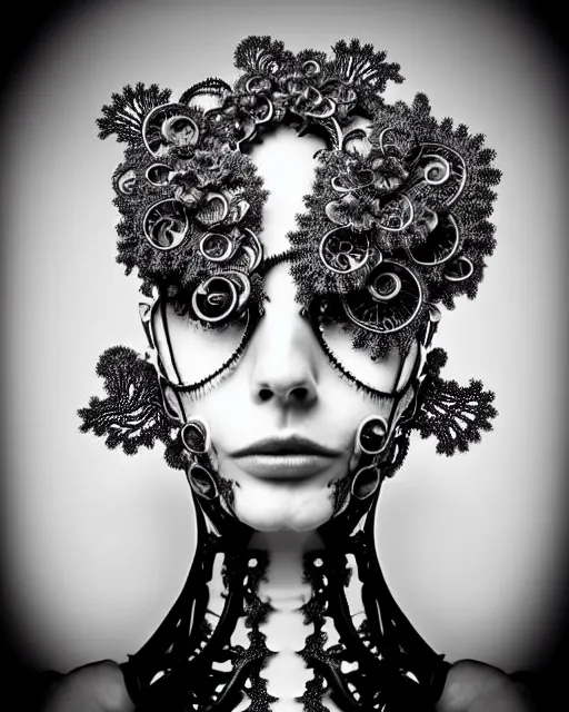 Image similar to surreal black and white photo portrait of complex bio-mechanical beautiful young female vegetal-cyborg with a Mandelbrot fractal metal fine lace face, curled silver hair, 150 mm lens, soft rim light, fine metal floral foliage super big lace collar by Alexander McQueen, high fashion, haute couture, rococo, steampunk, silver filigree details, anatomical, facial muscles, cable wires, microchip, elegant, hyper realistic, octane render, unreal engine, in the style Dora Maar, volumetric lighting, 8k,