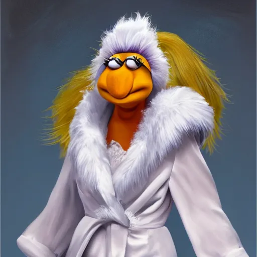 Image similar to « full length portrait of nancy pelosi as an muppet in a white robe and flaming yellow eyes, seven stars in right hand, grim - lighting, high - contrast, intricate, elegant, highly detailed, digital painting, artstation, concept art, smooth, sharp focus, illustration »