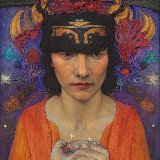 Image similar to the night crown, by Annie Swynnerton and Nicholas Roerich and Diego Rivera, embroidered robes, starry tattoos, elaborate costume, geometric ornament, symbolist, soft colors, dramatic lighting, smooth, sharp focus, extremely detailed