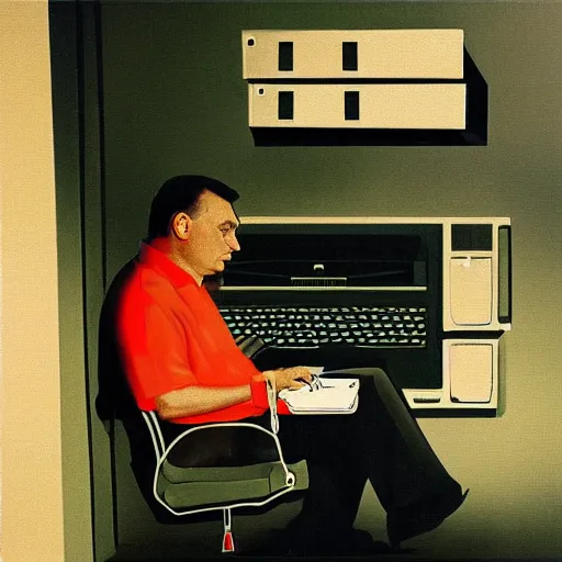 Image similar to viktor orban programming a vintage computer in a cubicle, oil painting