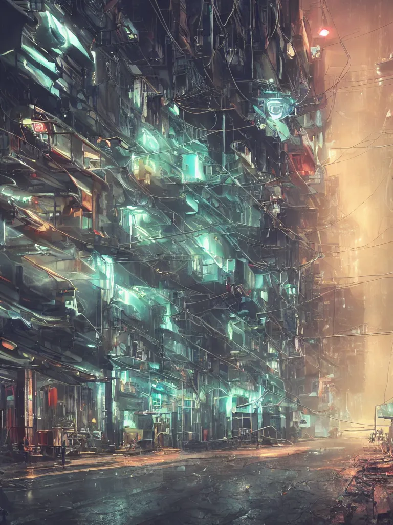 Prompt: futuristic dieselpunk street, cable stone ground. lots hanging cables, tiny wires on the ground. narrow, garbage on the ground. rain. fog, haze, evening. led screens. neon signs. very sharp. cables on the ground. very messy. futuristic. photorealistic. artstation. anime. studio gimbli style. golden rate.