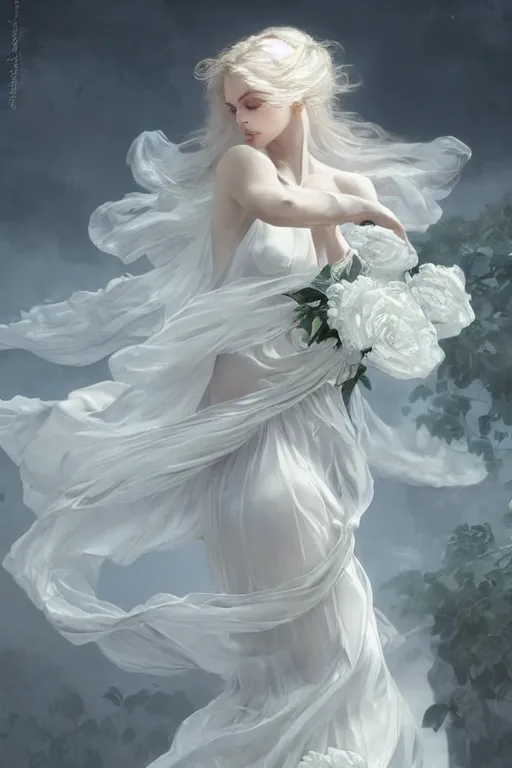 Image similar to beautiful woman dressed in a vaporous wrapped large victorian white roses silk semi-transparent dress fashion is running, D&D, fantasy, intricate, elegant, highly detailed, digital painting, trending on artstation, concept art, matte, sharp focus, illustration, art by Artgerm and Greg Rutkowski and Alphonse Mucha, instagram model