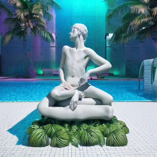 Prompt: a broken statue in a surreal underground white tiled swimming pool surrounded by neon lights and palm trees in vapor wave style, trending on artstation, 3D octane render, hyperrealistic, dramatic lighting, unreal engine, glowy, 8k, 4k, raytracing