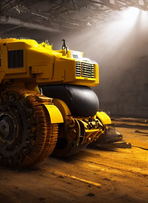 Image similar to a photorealistic dramatic hyperrealistic render of a futuristic caterpillar exosuit power dozer heavy machinery, ultra realistic details, glossy yellow, well worn, rust, oil stains by vitaly bulgarov and mike nash, beautiful dramatic dark moody tones and lighting, cinematic atmosphere, studio lighting, global illumination, shadows, dark background, octane render, 8 k