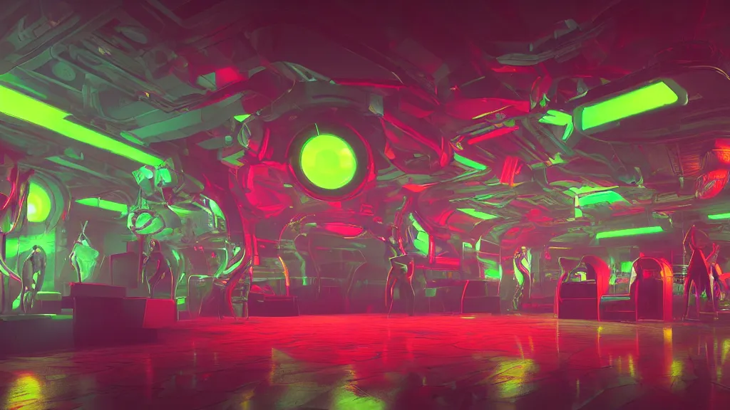 Image similar to sci-fi night club, with colourful alien dancers, neon lights, fog, smoke and atmosphere, red tones, platforms, circular mechanical structures, tessellating shapes, contemporary aesthetic, like concept art on artstation, hyperdetailed, vray render, octane render,