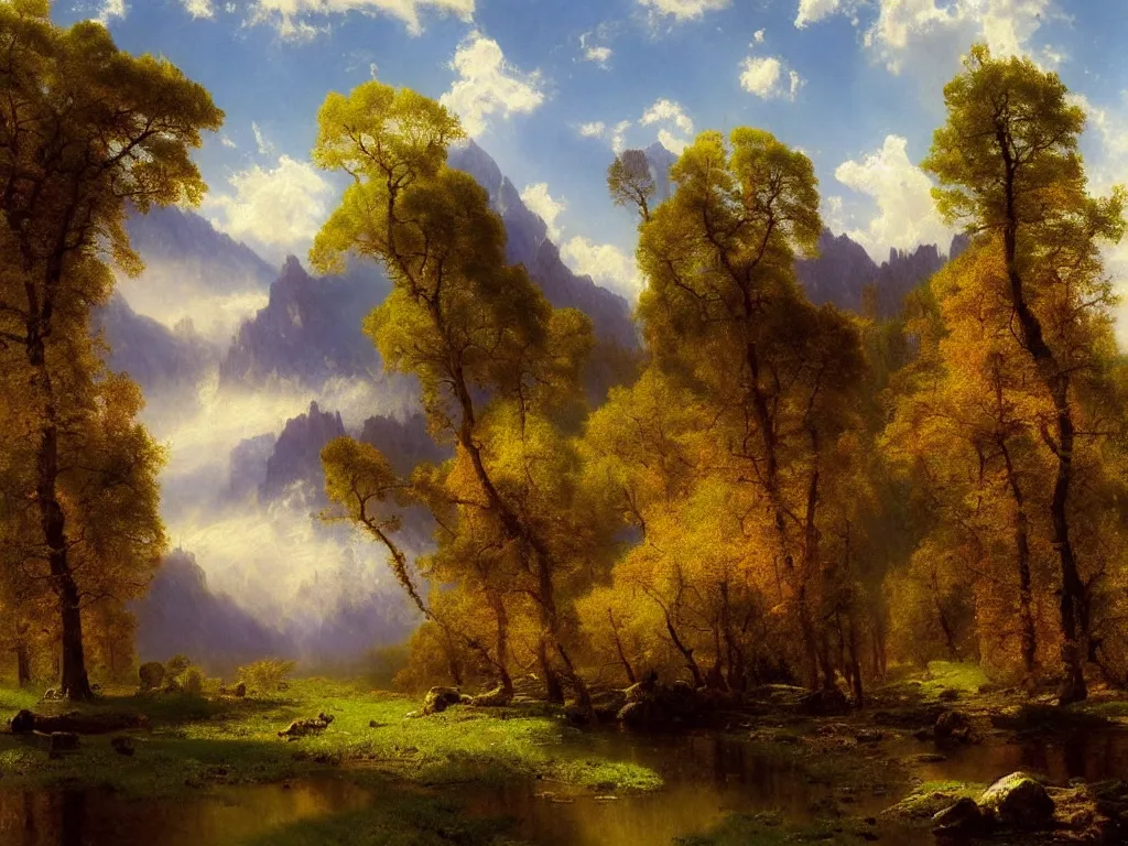 Prompt: A Beautiful View of a Springtime Meadow in the Sierra Nevada Mountains in the Morning, art by Albert Bierstadt and Thomas Moran