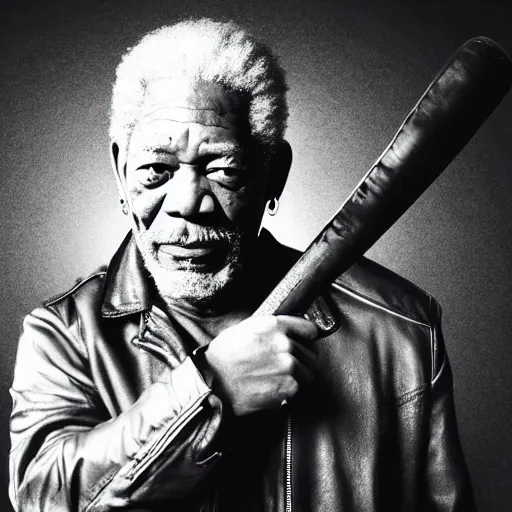 Prompt: photo of Morgan Freeman dressed as Negan, black leather jacket, mischievous look with his barbed baseball bat Lucille on his shoulder, in the style of Peter Lindbergh, white fog, octane render