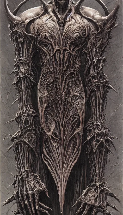 Image similar to Scorn themed painting of symmetrical organic torso Leviathan infernal armor anatomy with bat wings and extended evil hands concept, intricate artwork by H.R. Giger, Johnatan Wayshak, Zdizslaw Beksinski, Ayami Kojima, Amano, Karol Bak, Moebius, and Mark Brooks, Neo-Gothic, gothic, rich deep colors, art by Takato Yamamoto, masterpiece, face by Artgerm, very coherent artwork, cinematic, hyper realism, high detail, octane render, unreal engine, 8k, High contrast, golden ratio, trending on cgsociety