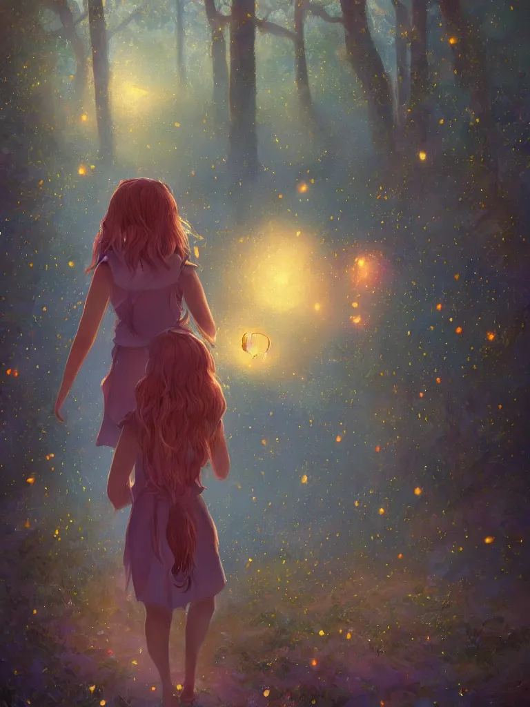 Prompt: Whimsical beautiful painting of a girlfacing away, looking towards a glowing magical forest full of fireflies, cgsociety, trending on artstation