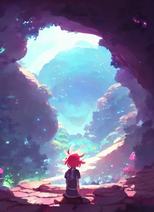 Prompt: a cave where can see a super nice garden, neon circular light round it, illustration concept art anime key visual trending pixiv fanbox by wlop and greg rutkowski and makoto shinkai and studio ghibli