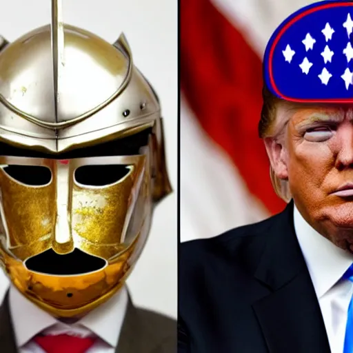 Image similar to donald trump as a knight, shinning armor, open visor helmet