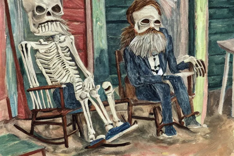 Prompt: tired miniature bearded old man and his giant skeleton wife sit in rocking chairs on on the porch of their house, outsider art oil on paper