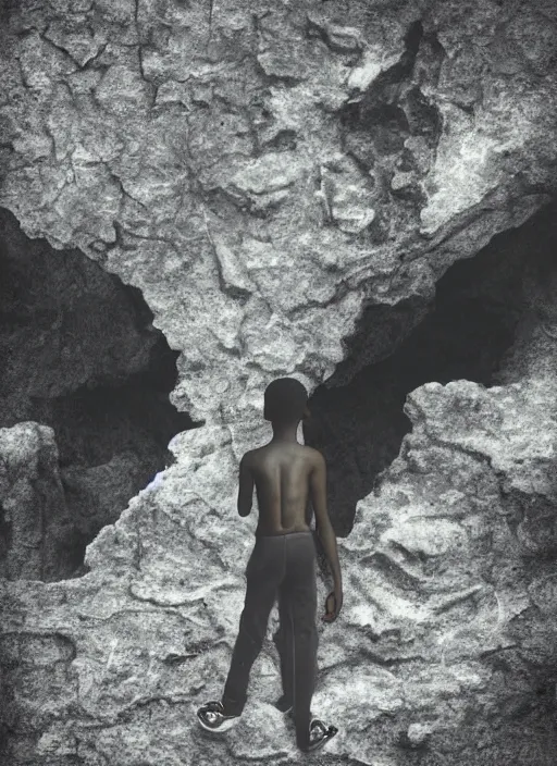 Image similar to a sad black boy at the edge of a cliff leading into a dark void, hyperrealistic very detailed photograph