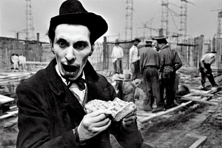 Image similar to dracula eating a bologna sandwich on a construction site 1 9 4 0 s