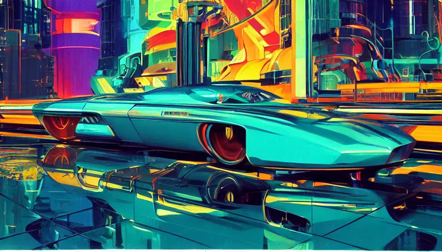 Prompt: Retro futuristic vehicle in a colorful urban landscape, neon lights reflecting in water, sci-fi concept art, by Syd Mead, highly detailed, oil on canvas