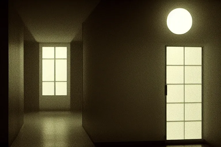 Image similar to a hallway of a suburban house at night. moonlight shines through the window at the end. a translucent shadow man walks down the hallway. digital art 4 k