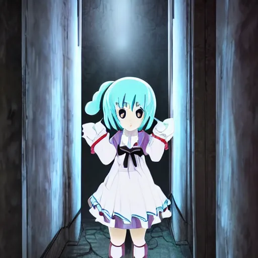 Image similar to miku peeking at you from behind a corner in a dark spooky hallway