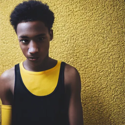 Image similar to black teenage boy with a long nose wearing a white tank top, walking in a nostalgic room with yellow walls and brown carpet