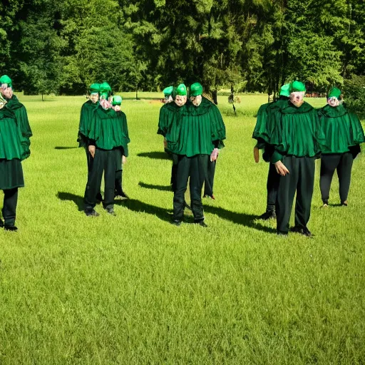 Prompt: the emerald green reapers stand in the meadow, preparing to take souls