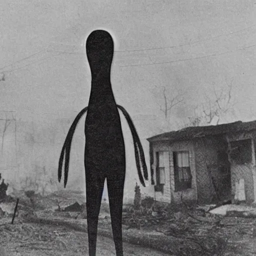 Prompt: scary unproportionally tall ghost creature in the middle of a village on fire, 1900s picture