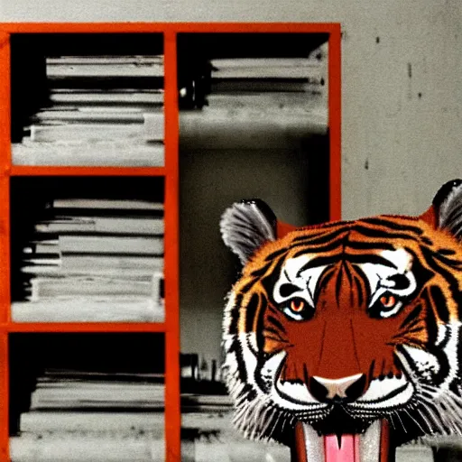 Image similar to the backrooms, a tiger, found footage, vhs, chromatic aberration