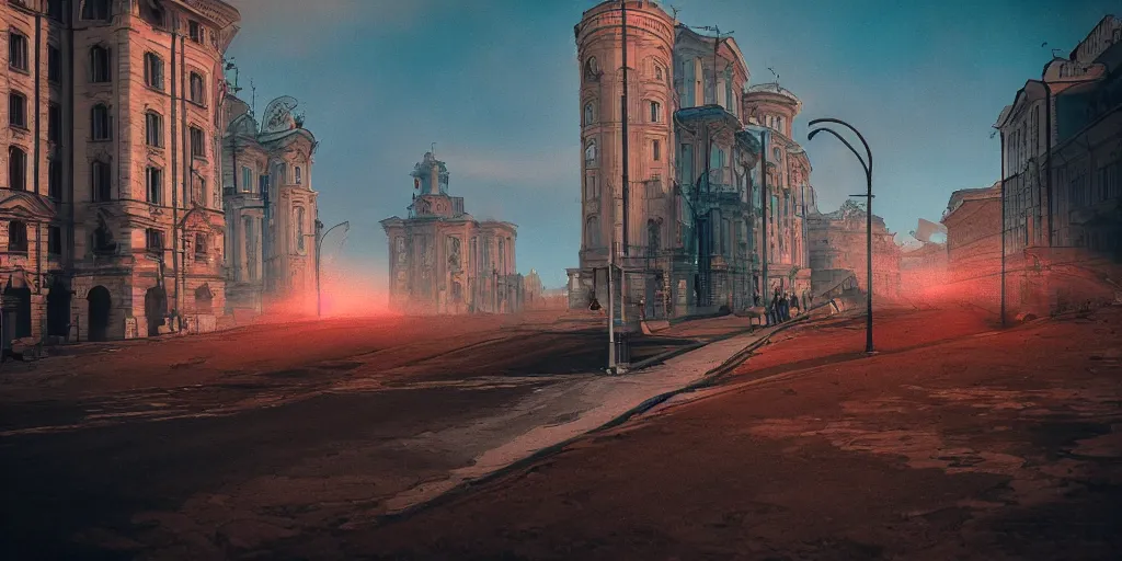 Image similar to cinematic street shot of a city on mars, aelita, phalanster, saint petersburg city, telephoto, anamorphic cinematography, beautiful composition, color theory, leading lines, photorealistic, moody volumetric lighting