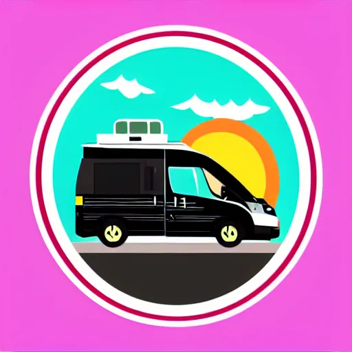 Prompt: vector art of a white and black cute thor chateau! motorhome camper!!, highway, mountains and colorful sunset!!, very very happy, warm, minimal vector art sticker!! by tom whalen, sanja stikovic