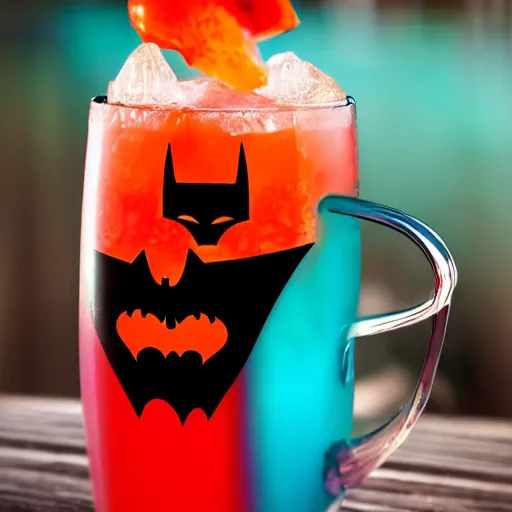 Image similar to a closeup photorealistic photograph of a glossy batman style tiki mug sitting at an outdoor trader vic's bar featuring batman face. tiki theme. icy colorful drink. bright scene. fine detail. this 4 k hd image is trending on artstation, featured on behance, well - rendered, extra crisp, features intricate detail, epic composition and the style of unreal engine.