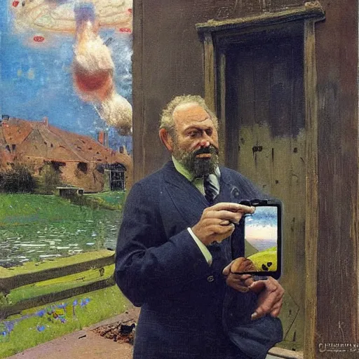 Prompt: A conceptual art. A rip in spacetime. Did this device in his hand open a portal to another dimension or reality?! by David Driskell, by Frits Thaulow perspective