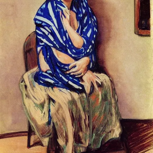 Prompt: A beautiful computer art of a lady with a blue scarf on her head, sitting in a chair with her eyes closed. by Giacomo Balla, by Hans Thoma