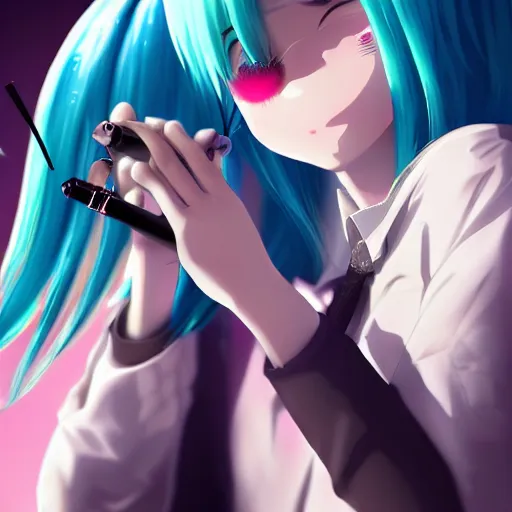 Image similar to hatsune miku smoking weed with a vape pen, smoke coming out of her mouth, bloodshot eyes, artstation, 4 k