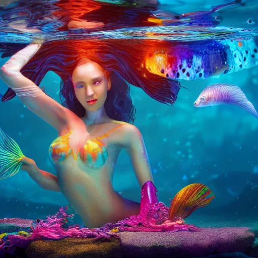 Image similar to a beautiful full body portrait of a swimming mermaid, half woman half betta fish, surrounded by colorful jellyfishes by James C Christensen, underwater, cinematic lighting, 4K, octane render, deviantart, wide angle