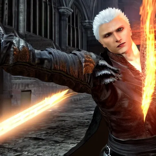 Prompt: Screenshot of Vergil from Devil May Cry in Dark Souls