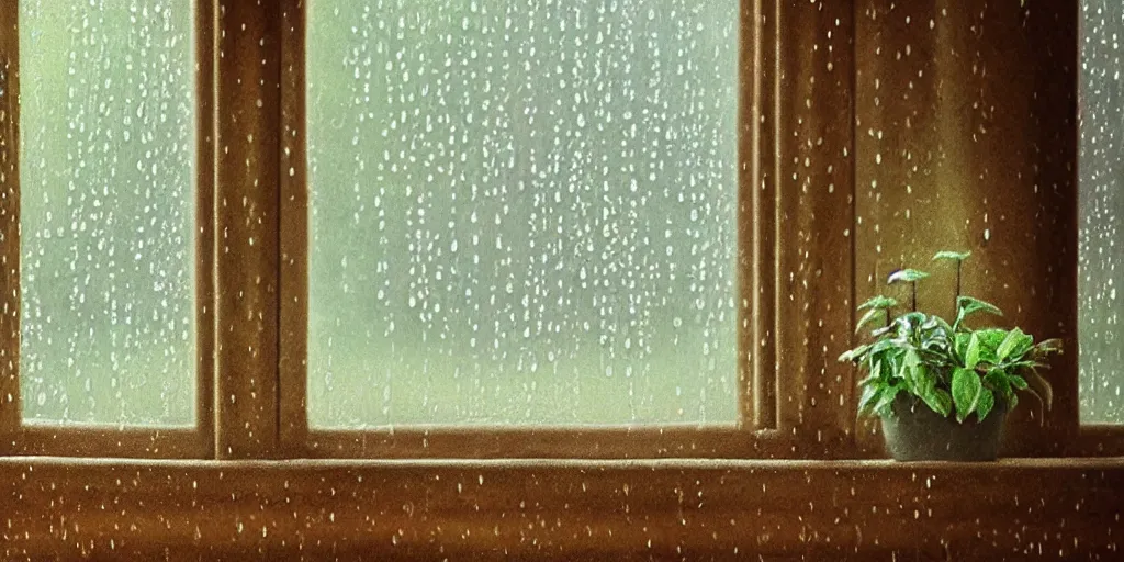 Prompt: rain drops on a window pane, cozy garden in background,, high detail, full length, Realistic, Regal, Refined, Detailed Digital Art, Exquisite detail, post-processing, masterpiece, Cinematic Lighting