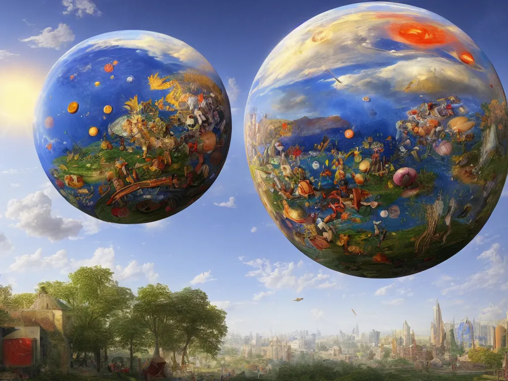 Image similar to 3 d render, sunlight study, the universe is a spheroid region 7 0 5 meters in diameter, art nouveau, by jan brueghel the younger and ( ( ( ( ( lisa frank ) ) ) ) ), 8 k, sharp focus, octane render