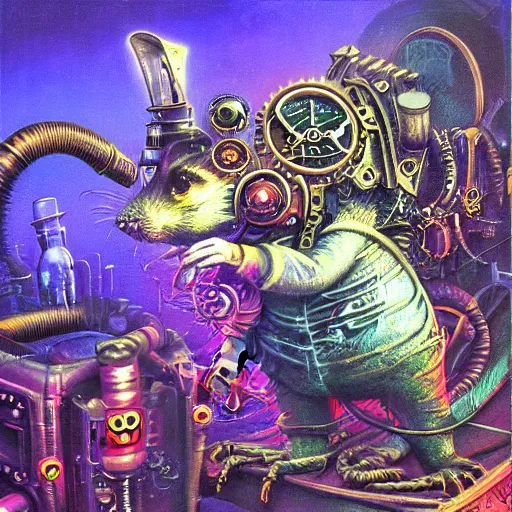 Image similar to steampunk rat, acid, 303, psychedelic, by paul lehr, cd cover for techno artist