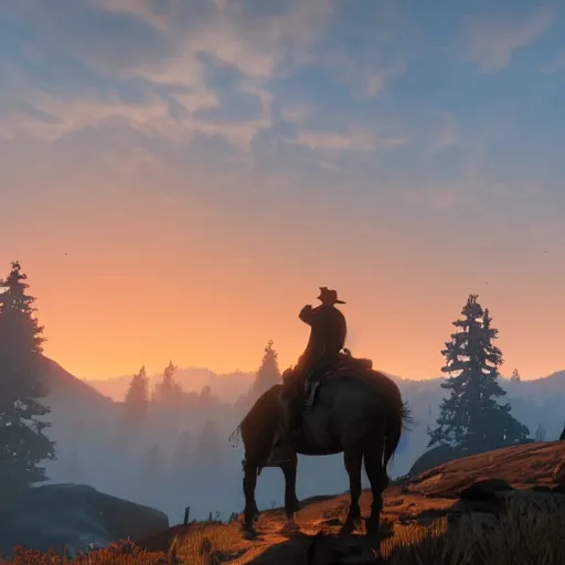 Image similar to Arthur Morgan dies of tuberculosis on a ridge, watching the sunrise