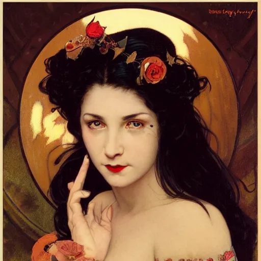 Image similar to profile portrait of a young vampire princess, head only, headshot, royalty, black hair, rose crown, pale skin, mouth slightly open, thorn border, thorn background. by Stanley Artgerm Lau , greg rutkowski, thomas kindkade, alphonse mucha, loish, norman rockwell, J. C. Leyendecker. D&D, fantasy. Trending on artstation rule of thirds, detailed illustration, hd 4k