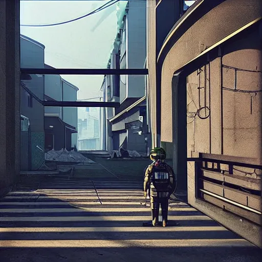 Image similar to “Tachikoma is patrolling near the entrance to a tall industrial warehouse. Street level. 2077 Photomode in the architectural style of Neo-Tokyo. 8k ”