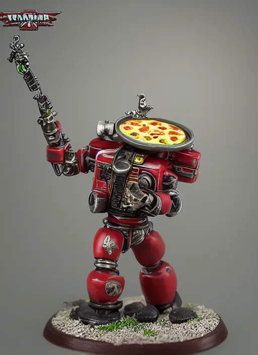 Image similar to 8 0 mm resin detailed miniature of a warhammer 4 0 k pizza delivery boy, robot, product introduction photos, 4 k, full body,