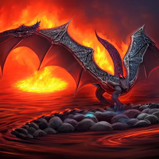 Prompt: commission of a beautiful digital painting of a feminine female dragon dragoness scaled scales horns wings tail feral bathing wading in lava molten pool, atmospheric lighting, concept art, detailed, furaffinity, trending on artstation