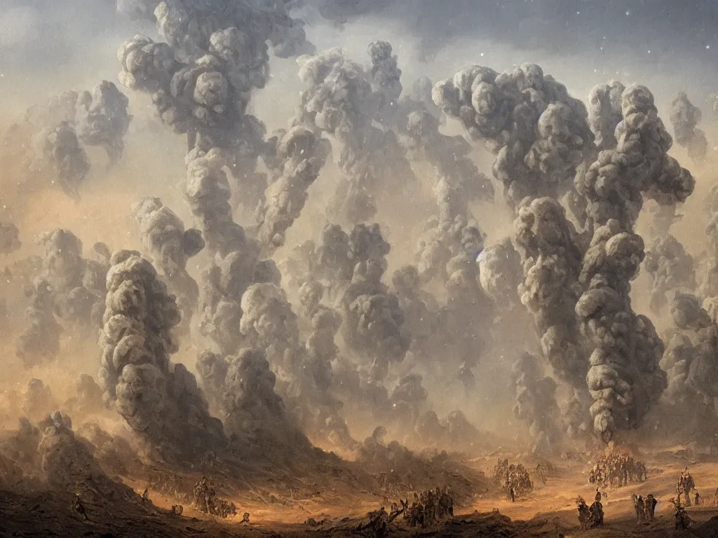 Prompt: Two armies amid the smoke. Comet afar. Cypresses. Painting by Ucello