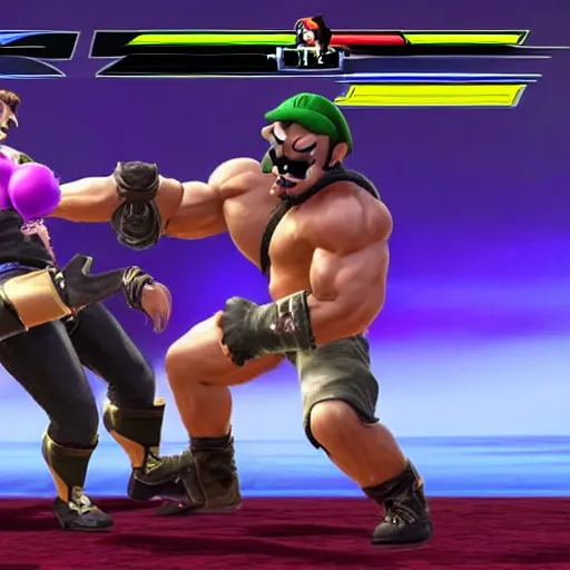 Image similar to A muscular manly Waluigi In Tekken. PSX style graphics, combo alerts on the screen. In battle Elon Fighting Jin Tekken 7.