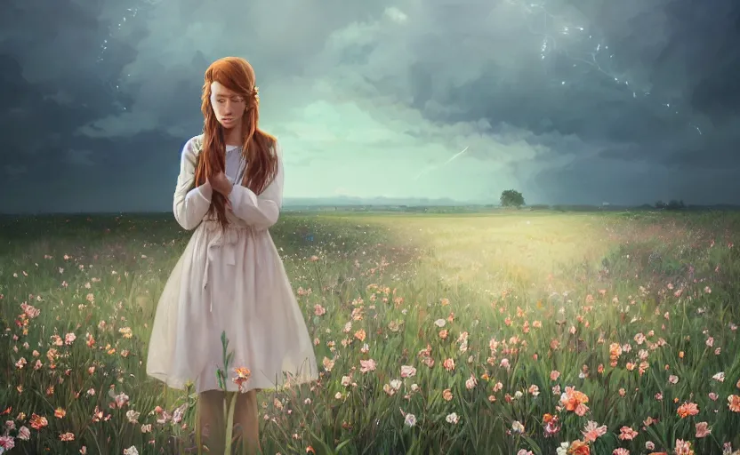 Image similar to a beautiful southern woman named Savannah Savage, innocent, sad cerulean eyes, freckles, long ginger hair tied with white ribbon, thoughtful in a field of flowers on a farm, gentle lighting, innocent mood, storm in the distance, somber, western clothing, dress,digital art by Makoto Shinkai ilya kuvshinov and Wojtek Fus, digital art, concept art,